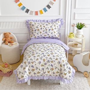 NWT Cotton Floral Ruffled Toddler Comforter Set, 4 Pieces